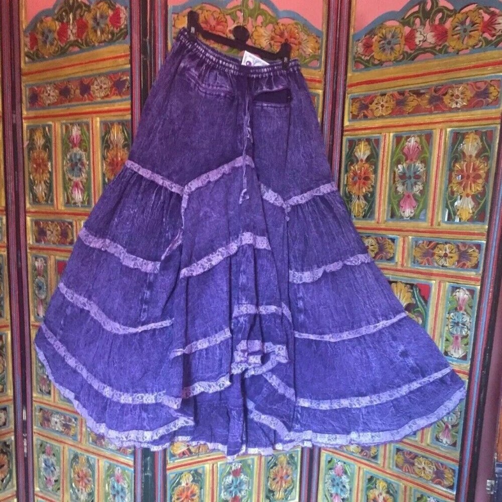 GOTH QUIRKY GRINGO HIGH LOW PURPLE DYED DENIM MAXI SKIRT LACE TRIM OS S M L XL